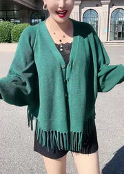 Loose Green Tasseled Button Knit Cardigans Batwing Sleeve