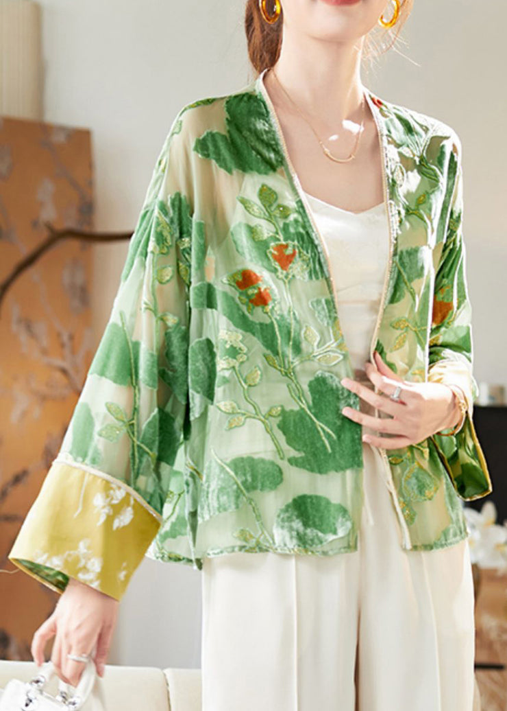 Loose Green V Neck Patchwork Silk Velvet Cardigan Long Sleeve