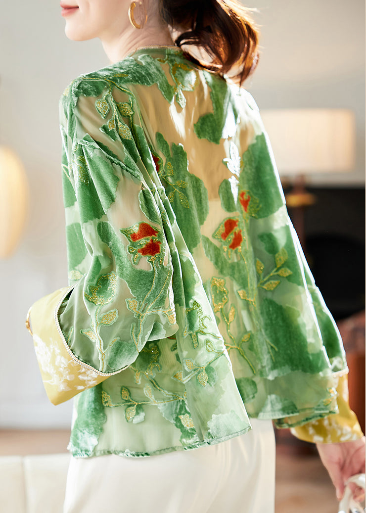 Loose Green V Neck Patchwork Silk Velvet Cardigan Long Sleeve