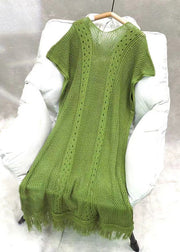 Loose Green V Neck Tasseled Hollow Out Knit Dress Summer