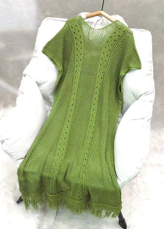 Loose Green V Neck Tasseled Hollow Out Knit Dress Summer