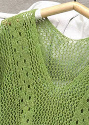 Loose Green V Neck Tasseled Hollow Out Knit Dress Summer