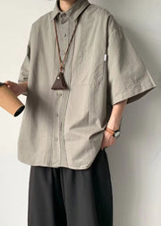 Loose Grey Button Button Cotton Mens Shirt Half Sleeve