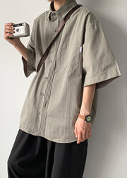 Loose Grey Button Button Cotton Mens Shirt Half Sleeve