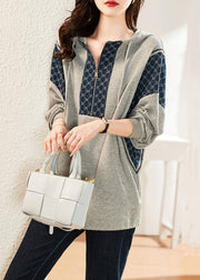 Loose Grey Hooded Pockets Patchwork Cotton Sweatshirt Long Sleeve