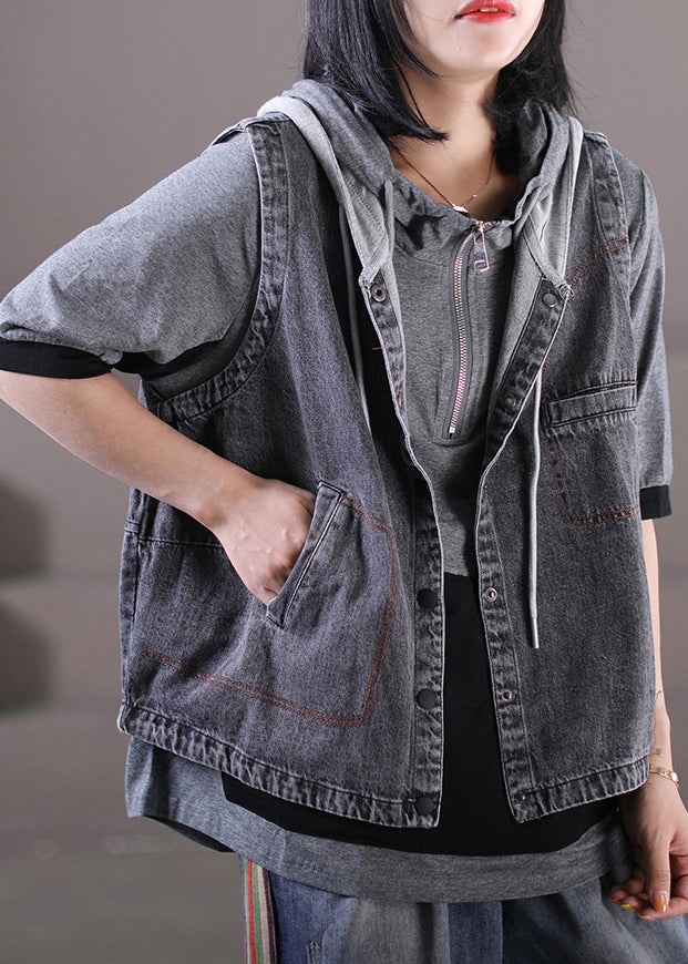 Loose Grey Knit Patchwork Drawstring Button Hooded Denim Waistcoatcoat Sleeveless