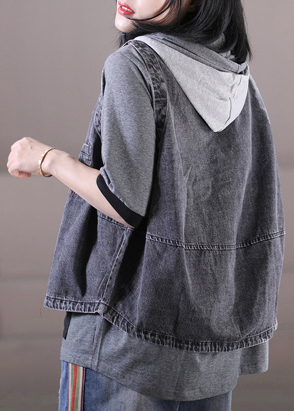 Loose Grey Knit Patchwork Drawstring Button Hooded Denim Waistcoatcoat Sleeveless