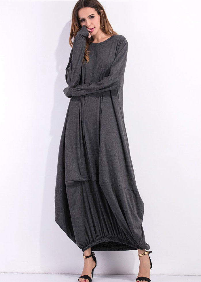 Loose Grey O Neck Asymmetrical Design Cotton Maxi Dress Spring