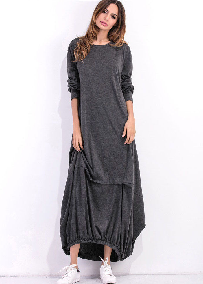 Loose Grey O Neck Asymmetrical Design Cotton Maxi Dress Spring