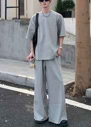 Loose Grey O Neck Letter Cotton Men Two Pieces Set Summer