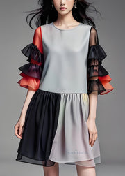 Loose Grey O Neck Ruffled Organza Patchwork Chiffon Dress Summer