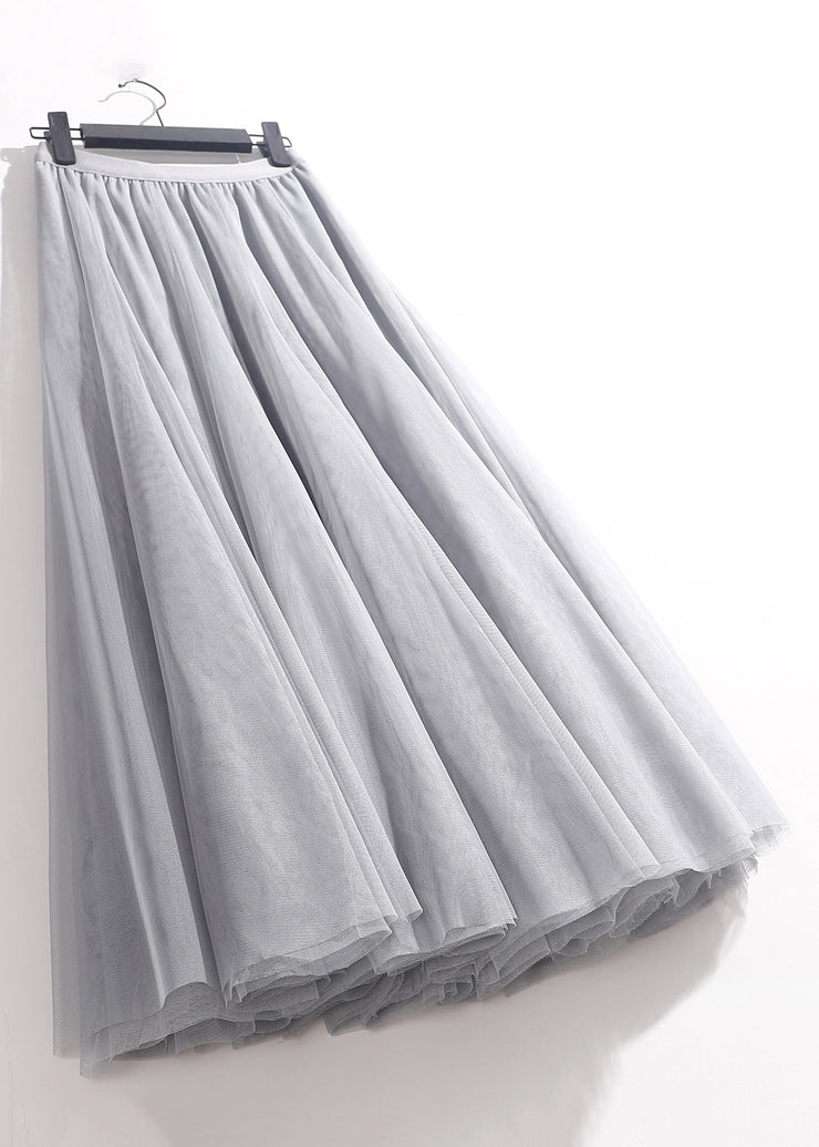 Loose Grey Solid Elastic Waist Tulle Skirts Summer