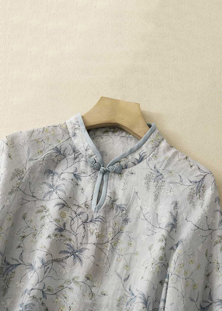 Loose Grey Stand Collar Button Print Cotton Shirt Bracelet Sleeve