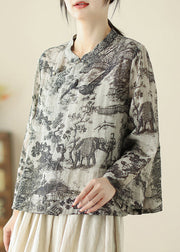 Loose Grey Stand Collar Print Button Linen Blouse Spring