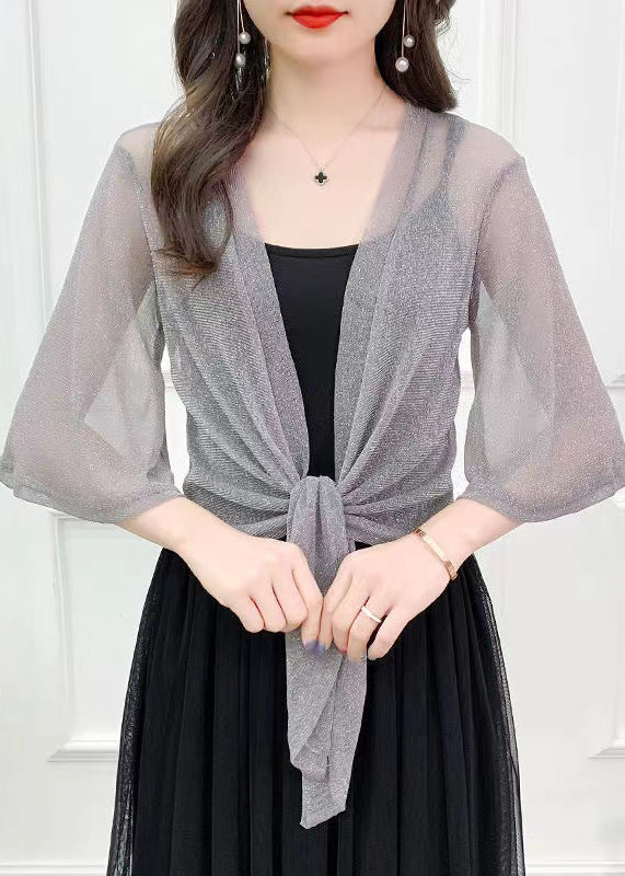 Loose Grey V Neck Lace Up Tulle Cardigans Half Sleeve