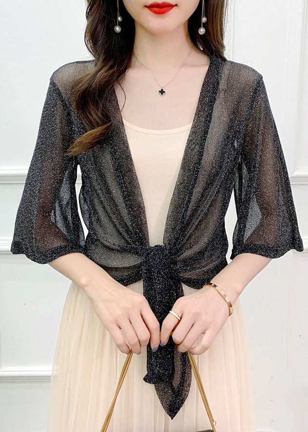 Loose Grey V Neck Lace Up Tulle Cardigans Half Sleeve