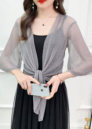 Loose Grey V Neck Lace Up Tulle Cardigans Half Sleeve