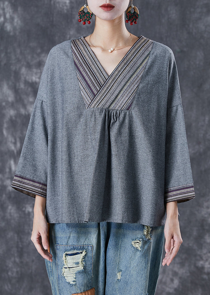 Loose Grey V Neck Patchwork Cotton Blouses Fall