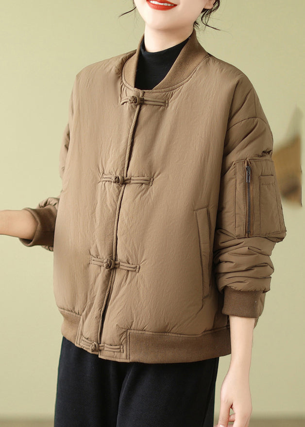 Loose Khaki Button Pockets Cotton Filled Parka Long Sleeve