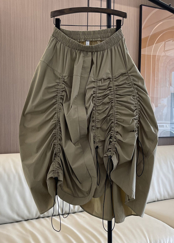 Loose Khaki Drawstring Elastic Waist Cotton Skirt Summer