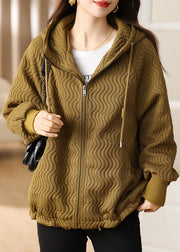 Loose Khaki Hooded Zippered Pockets Thick Coat Long Sleeve