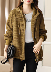 Loose Khaki Hooded Zippered Pockets Thick Coat Long Sleeve