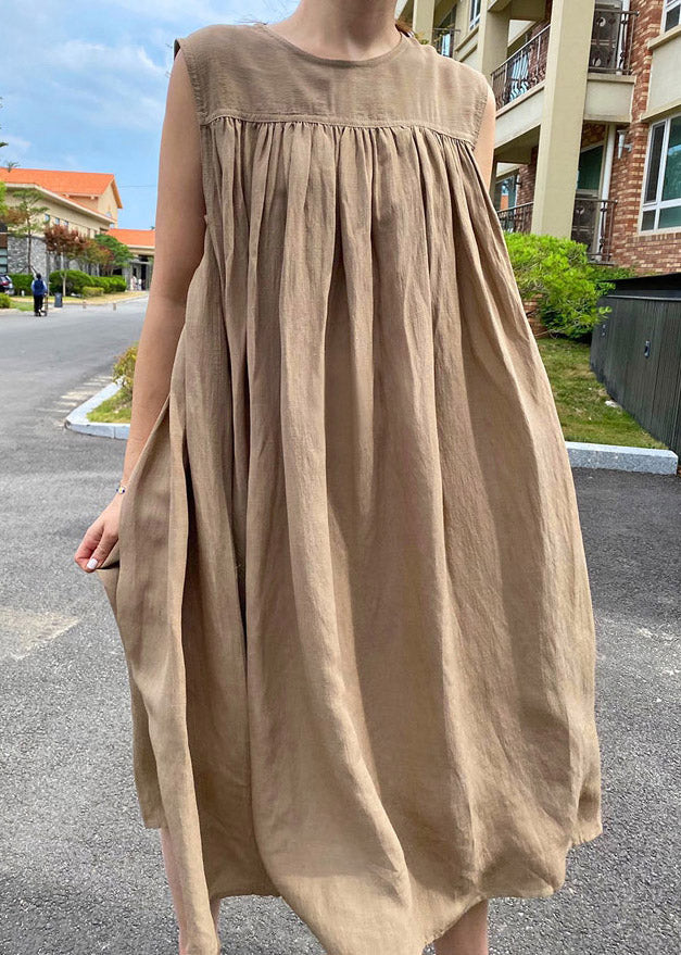 Loose Khaki O-Neck Patchwork Wrinkled LLong Dress Summer