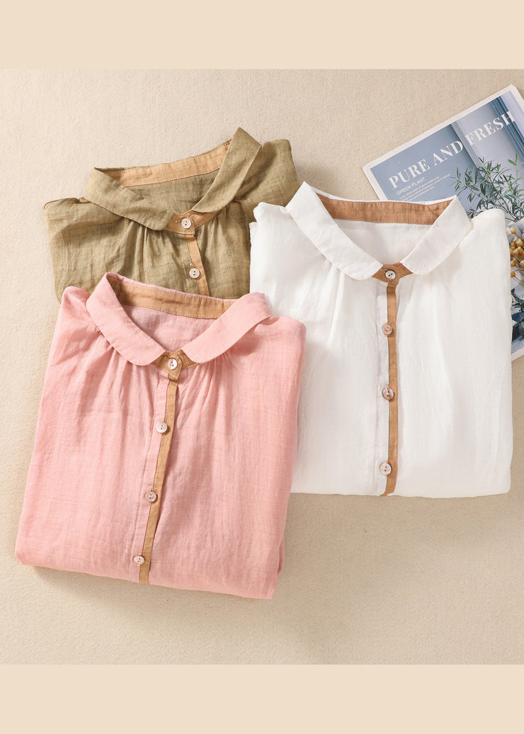 Loose Khaki Peter Pan Collar Button Linen Blouse Tops Summer