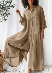 Loose Khaki Peter Pan Collar Button Pockets Linen Jumpsuits Long Sleeve