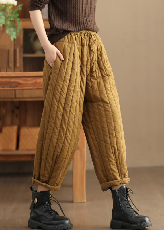 Loose Khaki Pockets Elastic Waist Cotton Filled Crop Pants Winter