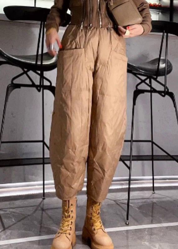 Loose Khaki Pockets Elastic Waist Fine Cotton Filled Crop Pants Winter