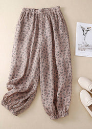 Loose Khaki Print Elastic Waist Ramie Lantern Pants Summer