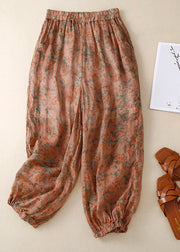 Loose Khaki Print Elastic Waist Ramie Lantern Pants Summer