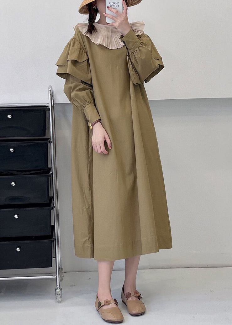 Loose Khaki Ruffled Tie Waist Cotton Dress Long Sleeve