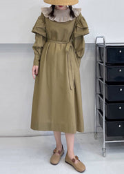 Loose Khaki Ruffled Tie Waist Cotton Dress Long Sleeve