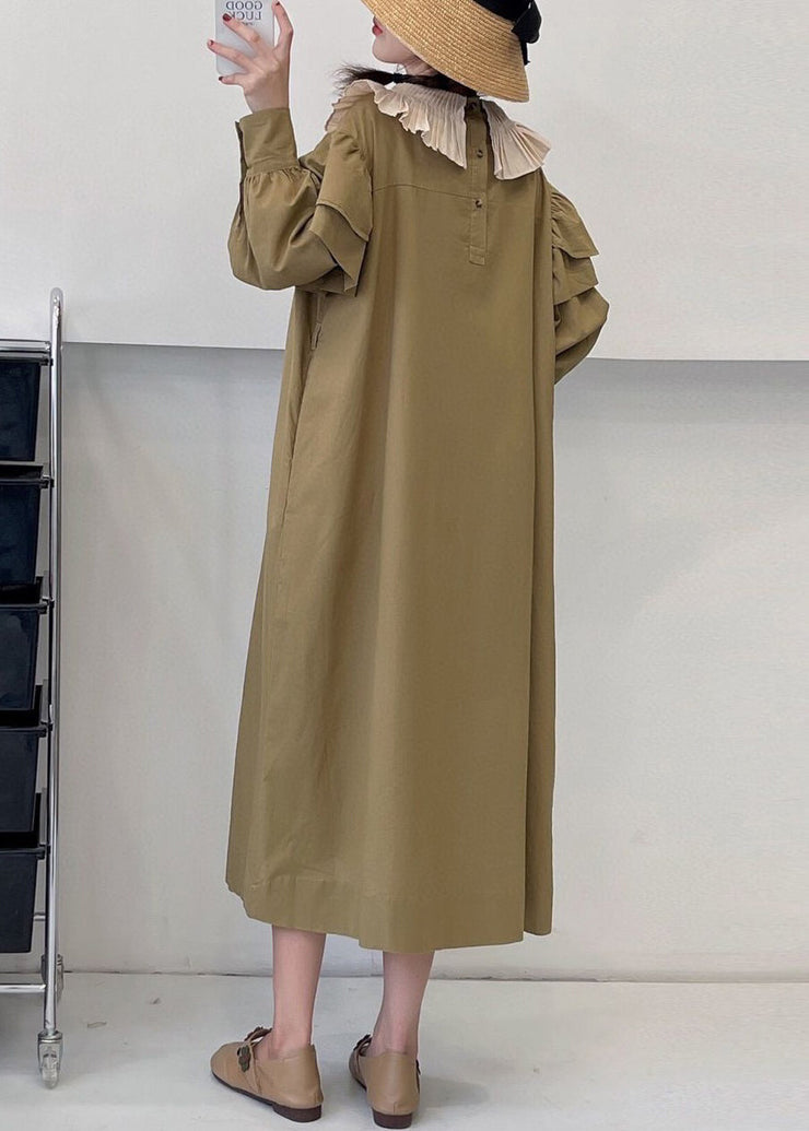 Loose Khaki Ruffled Tie Waist Cotton Dress Long Sleeve