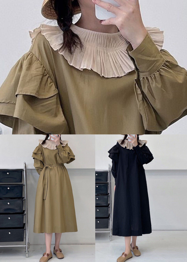 Loose Khaki Ruffled Tie Waist Cotton Dress Long Sleeve