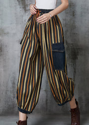 Loose Khaki Striped Patchwork Pockets Denim Pants Spring