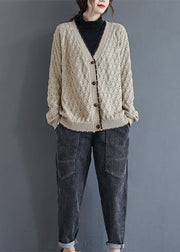 Loose Khaki V Neck Hollow Out Button Knit Cardigan Fall