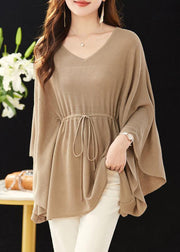 Loose Khaki V Neck Tie Waist Knit Top Batwing Sleeve