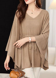 Loose Khaki V Neck Tie Waist Knit Top Batwing Sleeve