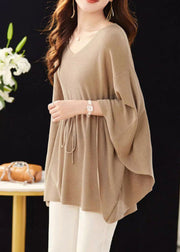 Loose Khaki V Neck Tie Waist Knit Top Batwing Sleeve