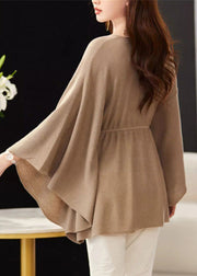 Loose Khaki V Neck Tie Waist Knit Top Batwing Sleeve