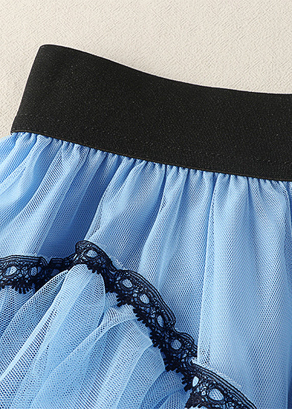 Loose Light Blue Patchwork High Waist Tulle Layered Skirt Spring