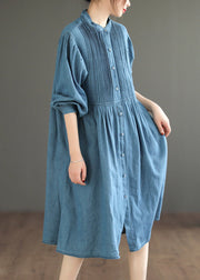 Loose Light Blue Wrinkled Button Denim Shirt Dress Spring