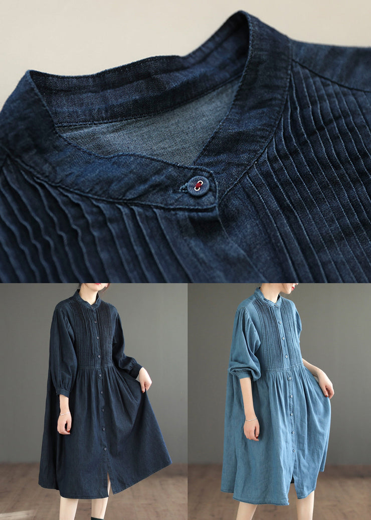 Loose Light Blue Wrinkled Button Denim Shirt Dress Spring