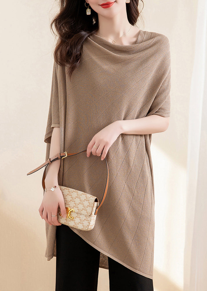 Loose Light Camel Asymmetrical Ice Silk Knit Tops Half Sleeve