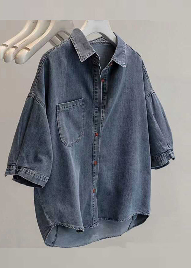 Loose Light Grey Peter Pan Collar Patchwork Low High Design Denim Shirt Summer