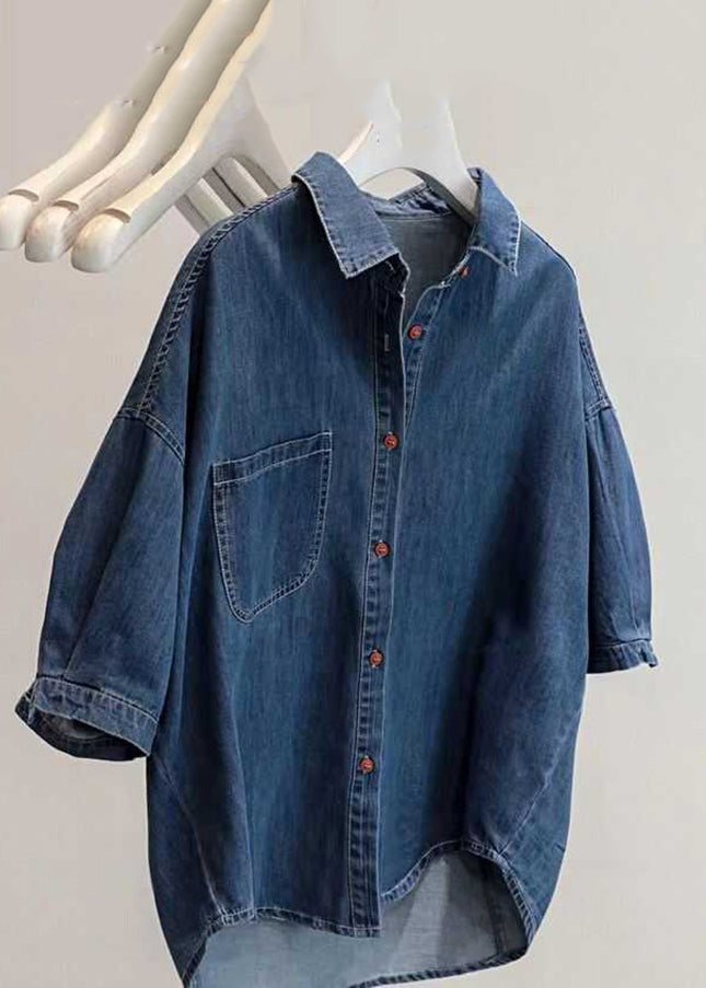 Loose Light Grey Peter Pan Collar Patchwork Low High Design Denim Shirt Summer