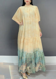 Loose Light Yellow Wrinkled Print Chiffon Long Dress Flare Sleeve